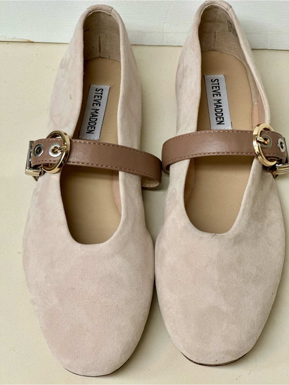 Steve Madden Blush Suede Mary Janes with Tan Strap and Gold Buckle
